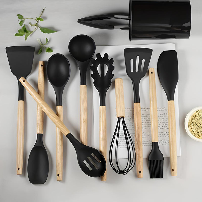 Kit 12 Utensílios de Cozinha Completo com Cabo de Madeira ÊZA Chef - EZA12C