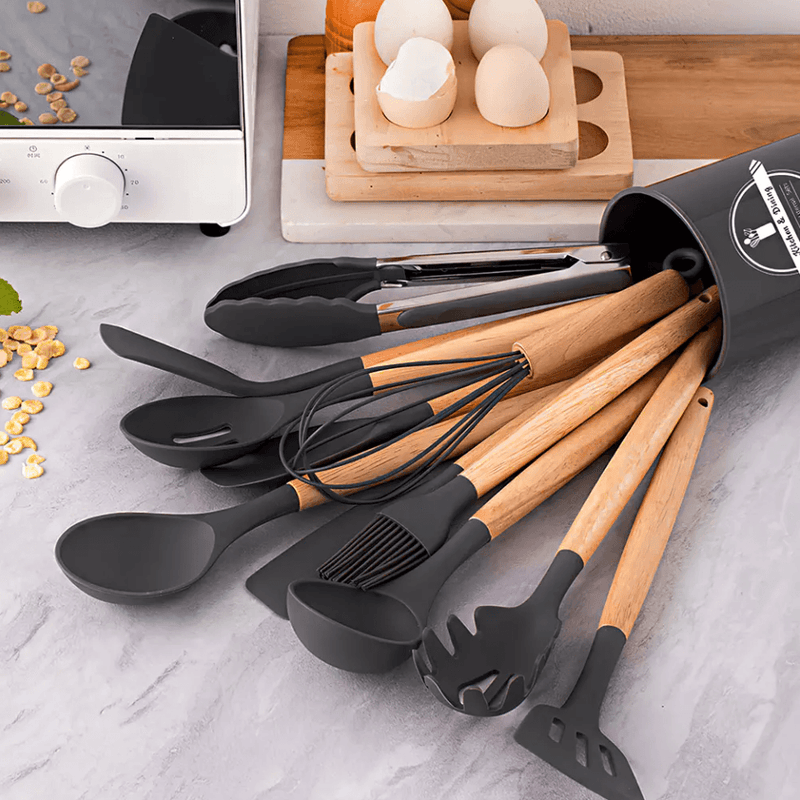 Kit 12 Utensílios de Cozinha Completo com Cabo de Madeira ÊZA Chef - EZA12C